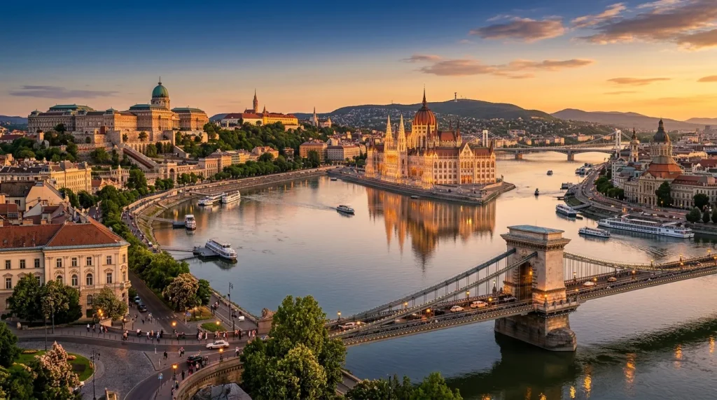 Vue aérienne de Budapest avec le Parlement et le Danube dorés