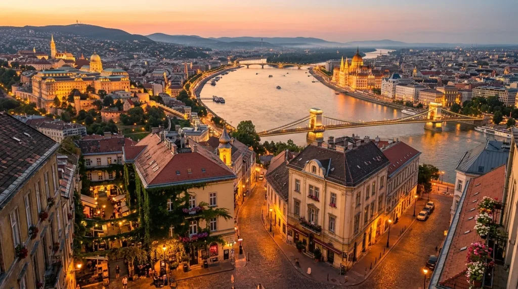 Vue aérienne de Budapest avec le Danube et ses ponts illuminés.