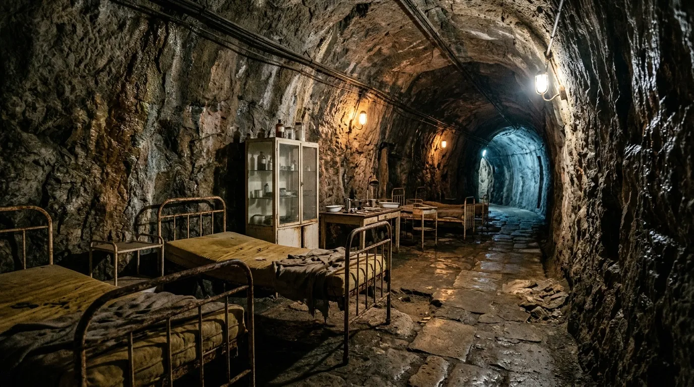 Bunker militaire souterrain avec lits, mobilier rouillé et éclairage
