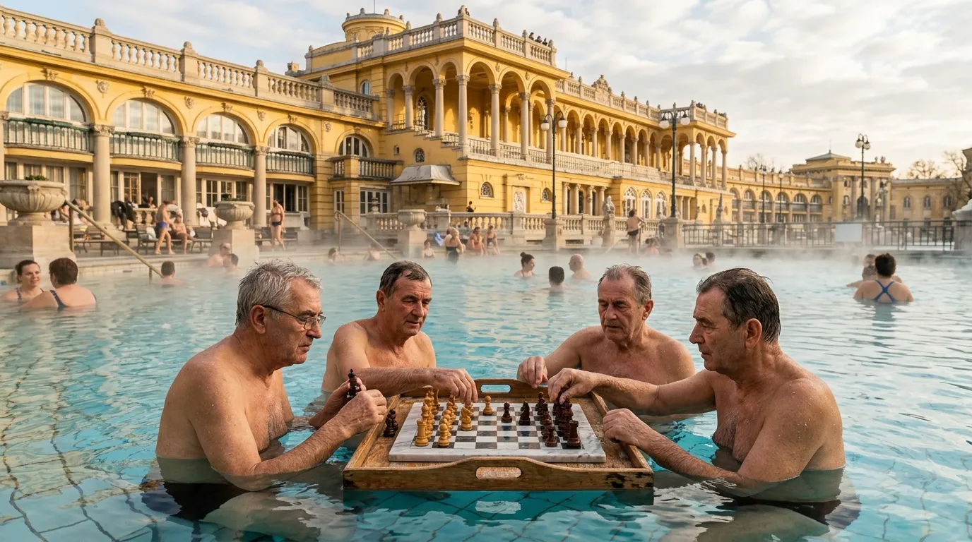 Quatre hommes jouent aux échecs dans une piscine thermale luxueuse.