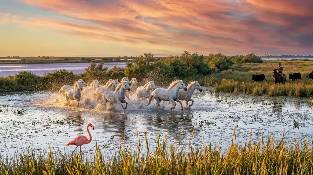 Chevaux blancs galopant dans l'eau de Camargue au coucher soleil