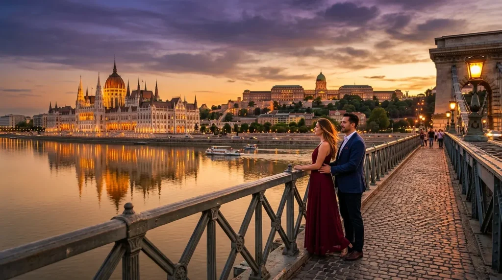 Couple admirant le Parlement hongrois au coucher du soleil