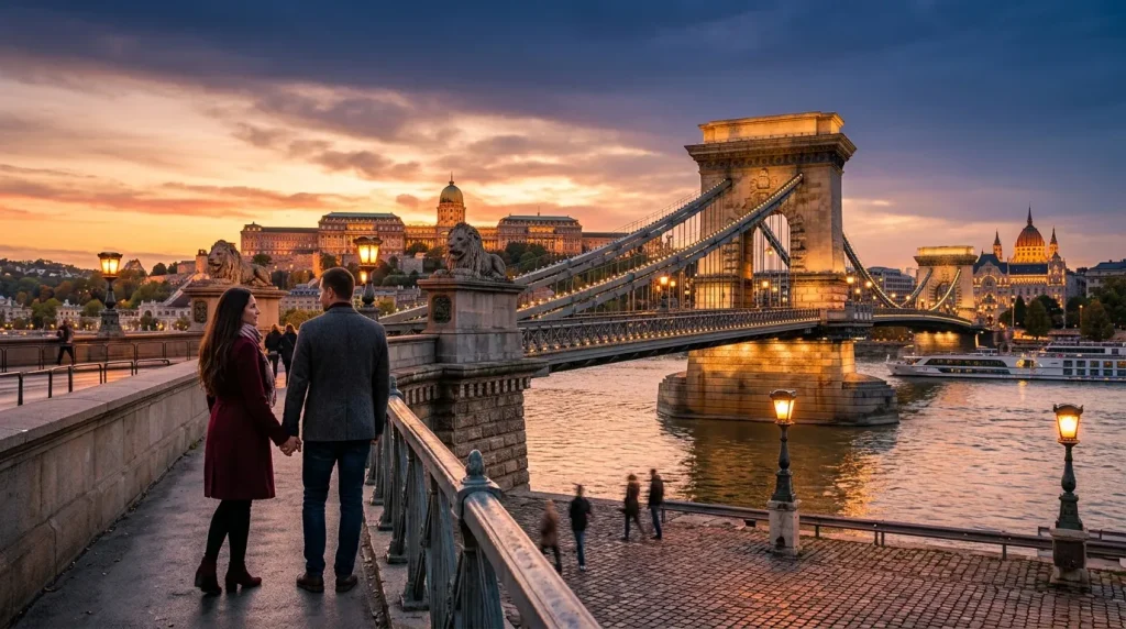 Couple admirant le Pont des Chaînes illuminé au coucher du soleil