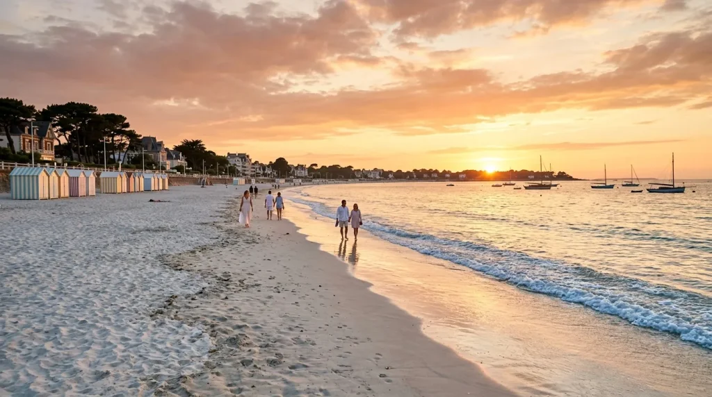 Plage avec cabines colorées, baigneurs et voiliers au coucher de soleil