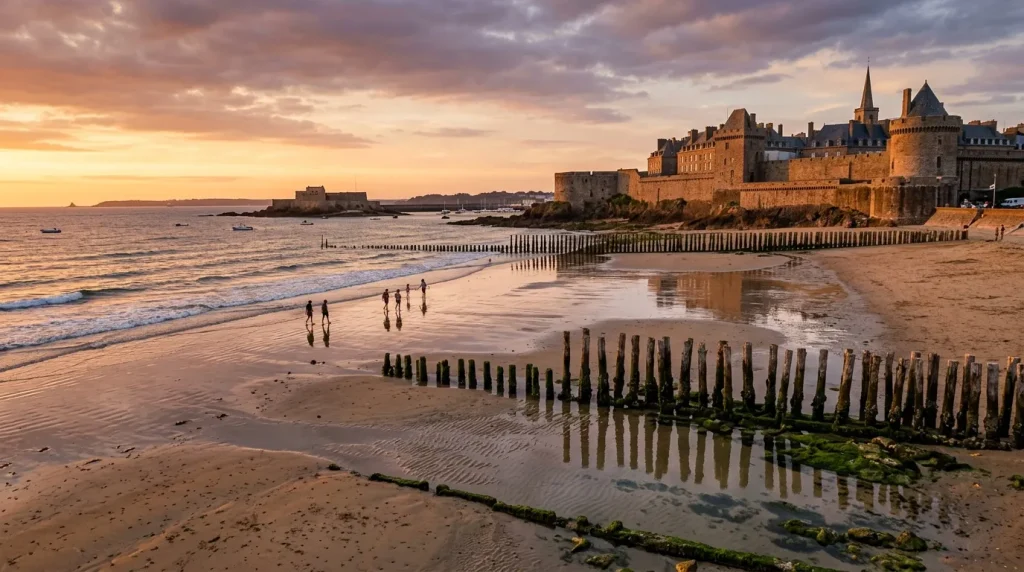 Plage avec remparts médiévaux au coucher du soleil