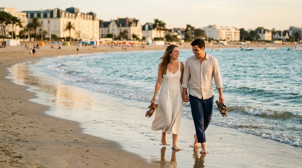 Jeune couple se tenant la main marche pieds nus sur la plage