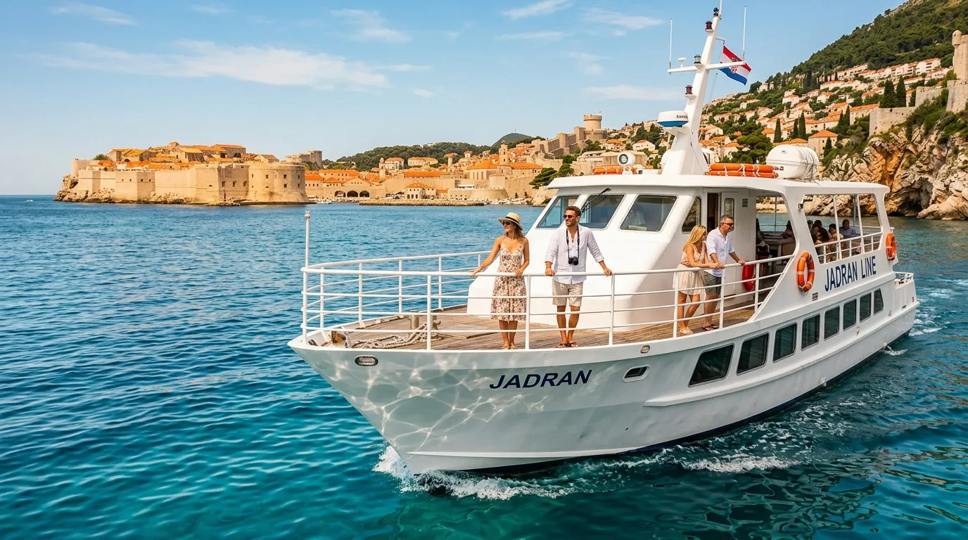 Bateau Jadran avec touristes devant la vieille ville fortifi&eacute;e de Dubrovnik