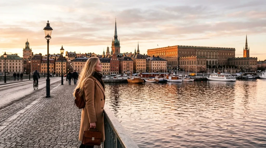 Femme admirant la vieille ville de Stockholm depuis le port