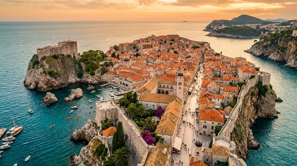 Vue aérienne de Dubrovnik avec remparts, toits orangés et mer turquoise