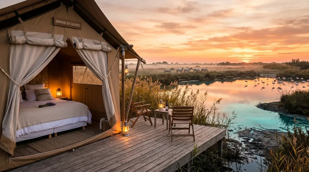 Tente de luxe avec terrasse surplombant un lac au coucher de soleil