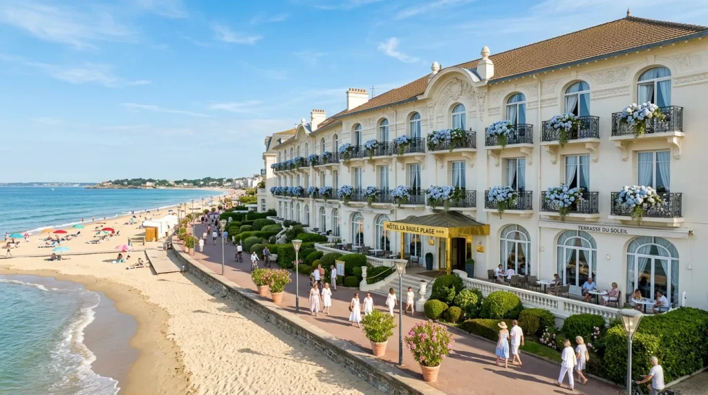 Hôtel blanc face à la plage de Biarritz avec fleurs bleues