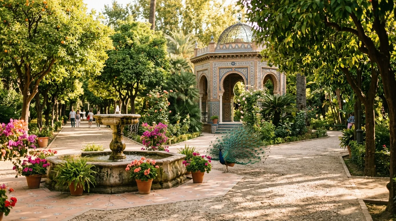 Pavillon d&eacute;cor&eacute; entour&eacute; de fleurs et d'arbres verts