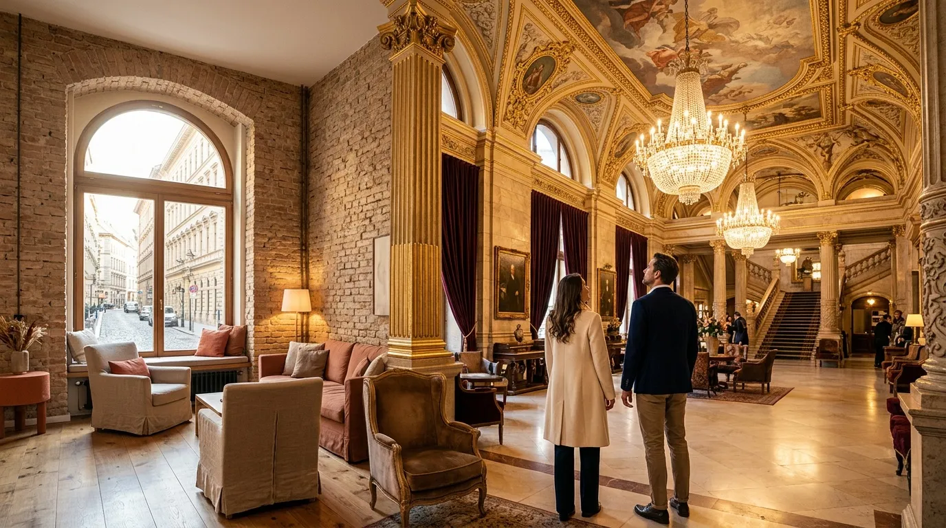 Deux personnes admirent le grand hall doré d'un palais luxueux