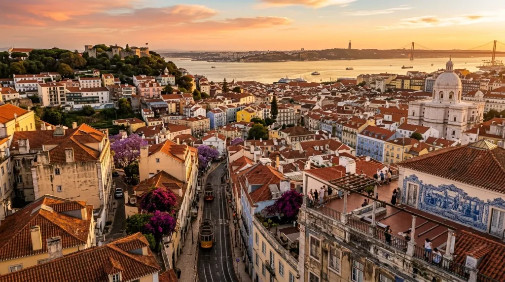 Vue panoramique de Lisbonne avec château, églises et Tejo.