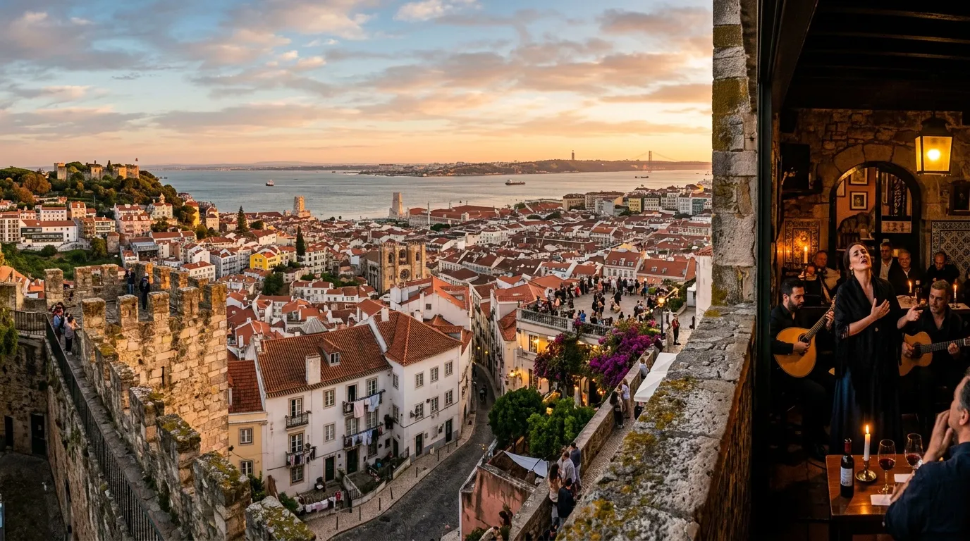 Vue panoramique de Lisbonne avec musique live en terrasse