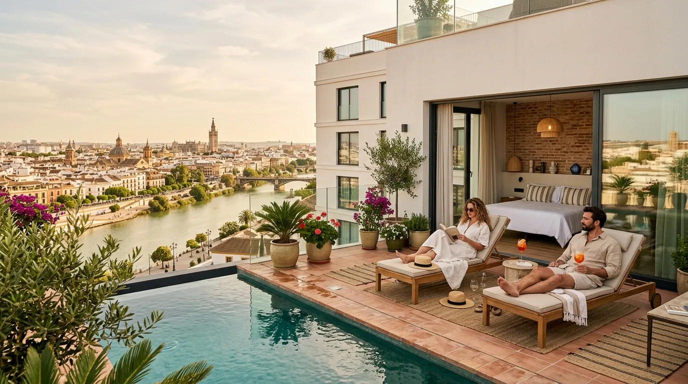 Couple détend sur terrasse piscine, vue panoramique ville historique