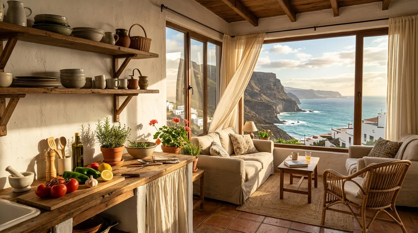 Cuisine-salon lumineux avec vue sur falaises c&ocirc;ti&egrave;res et oc&eacute;an bleu