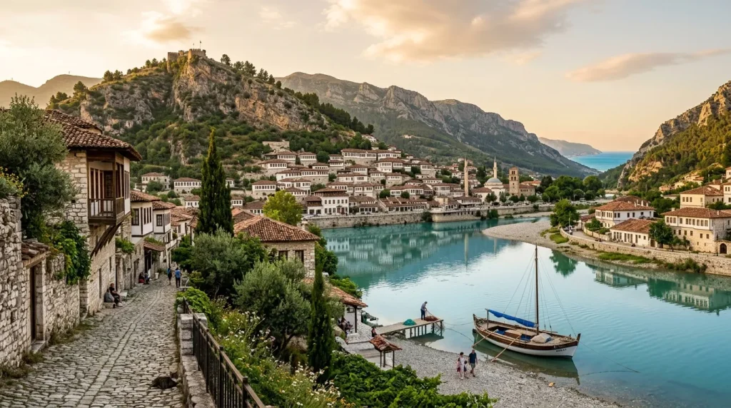 Vue panoramique de Mostar avec ses maisons traditionnelles et la rivière Neretva.