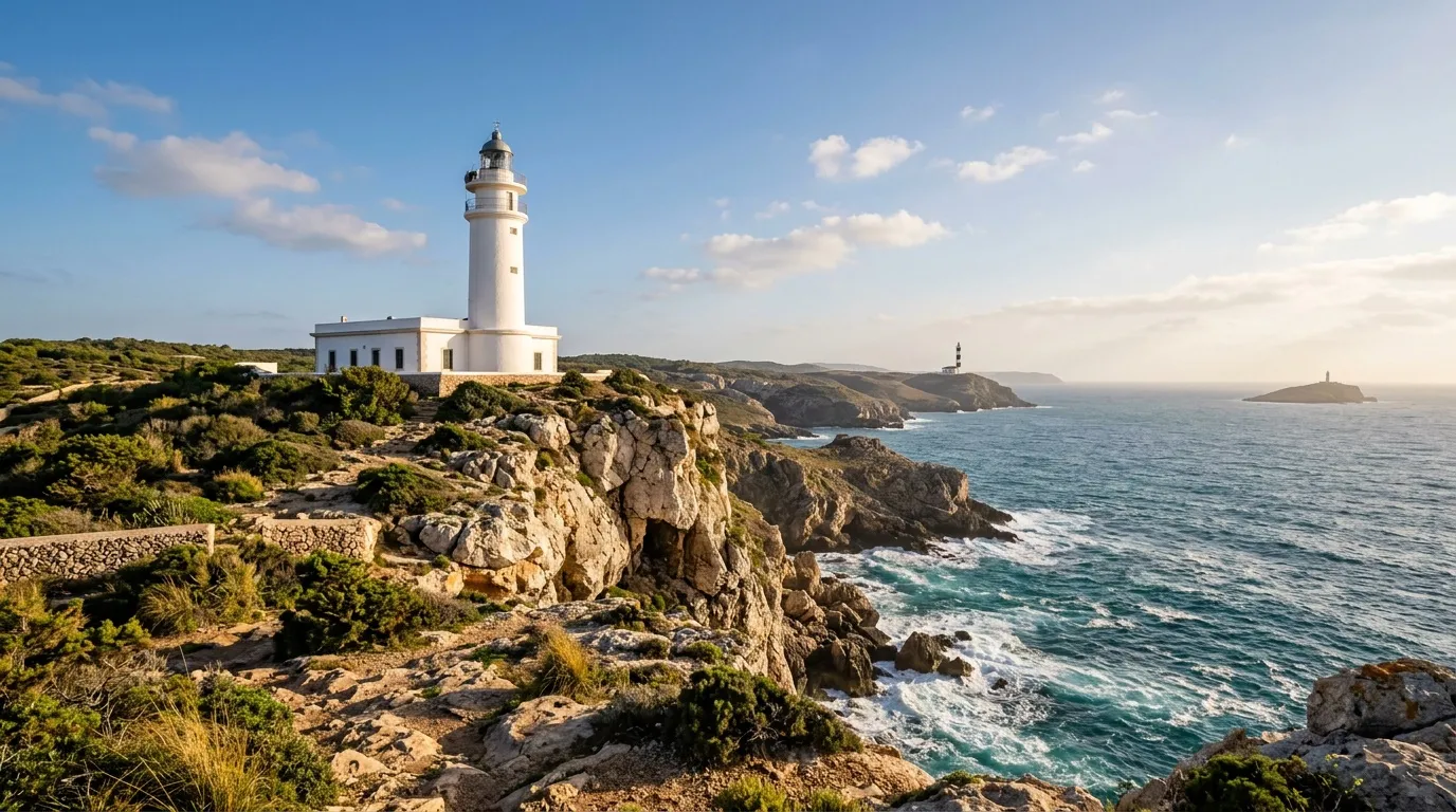 Phare blanc sur falaise rocheuse surplombant la mer bleue