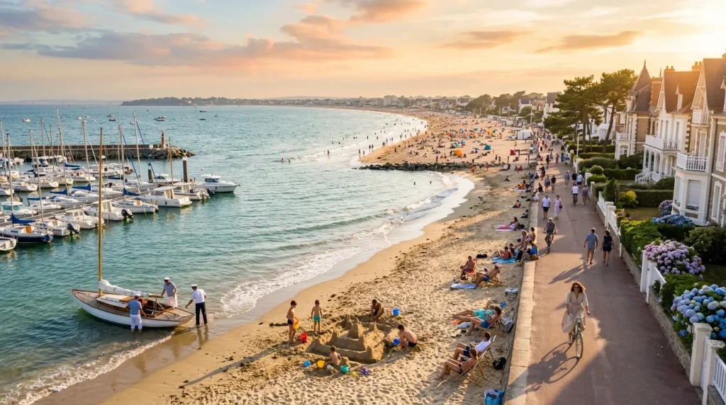 Plage bondée avec bateaux, maisons colorées et voiliers amarrés