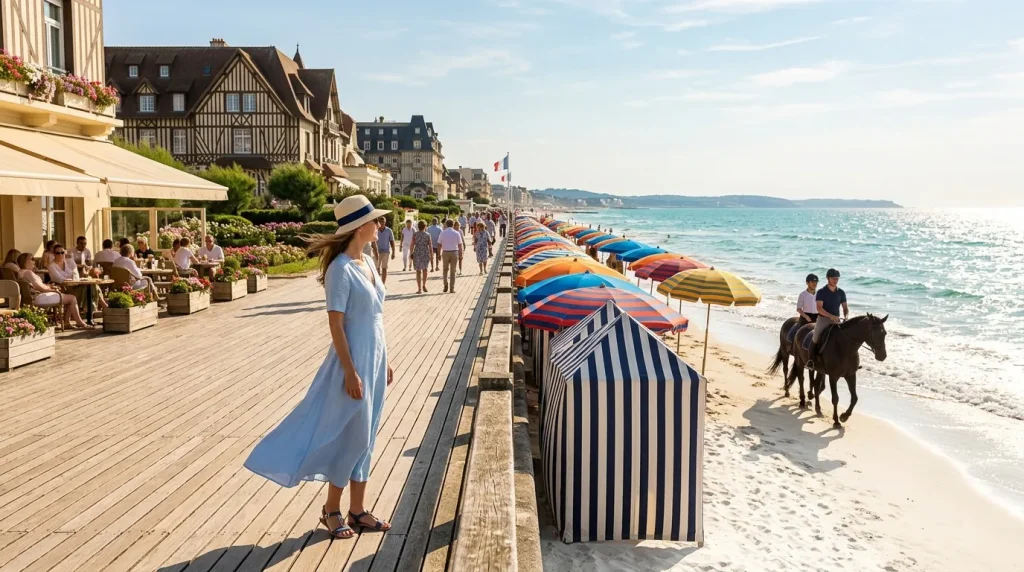 Femme sur promenade face à plage normande avec cabines rayées