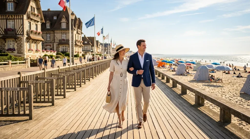 Couple marchant sur une promenade en bois face à la plage