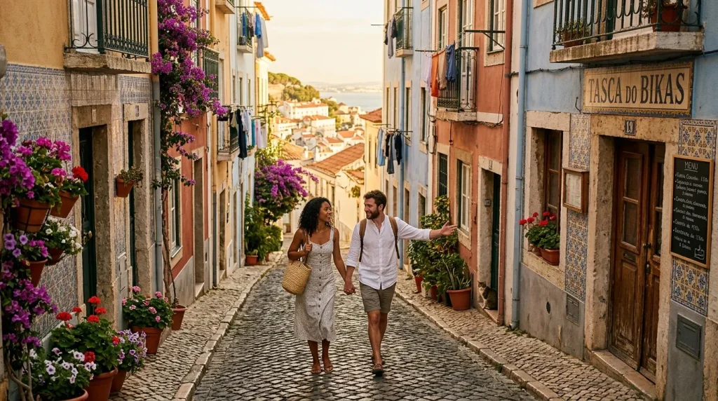 Couple marchant dans une ruelle pavée de Lisbonne avec fleurs