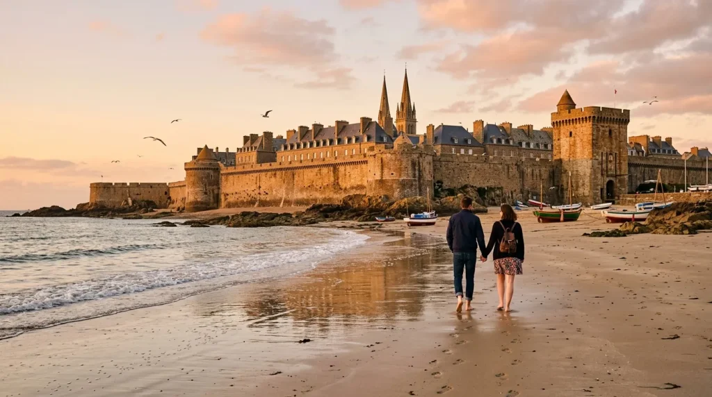 Couple marchant sur plage face à château médiéval breton