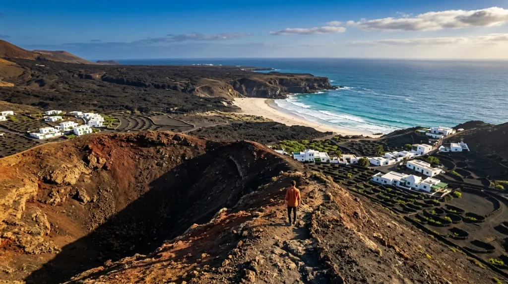 Randonneur sur crater volcanique surplombant plage et villages blancs