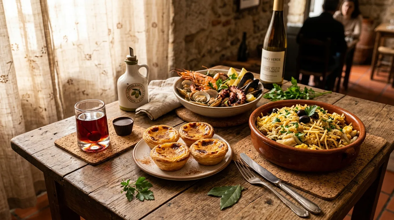Table avec fruits de mer, pâtes, vino verde et pastéis de nata