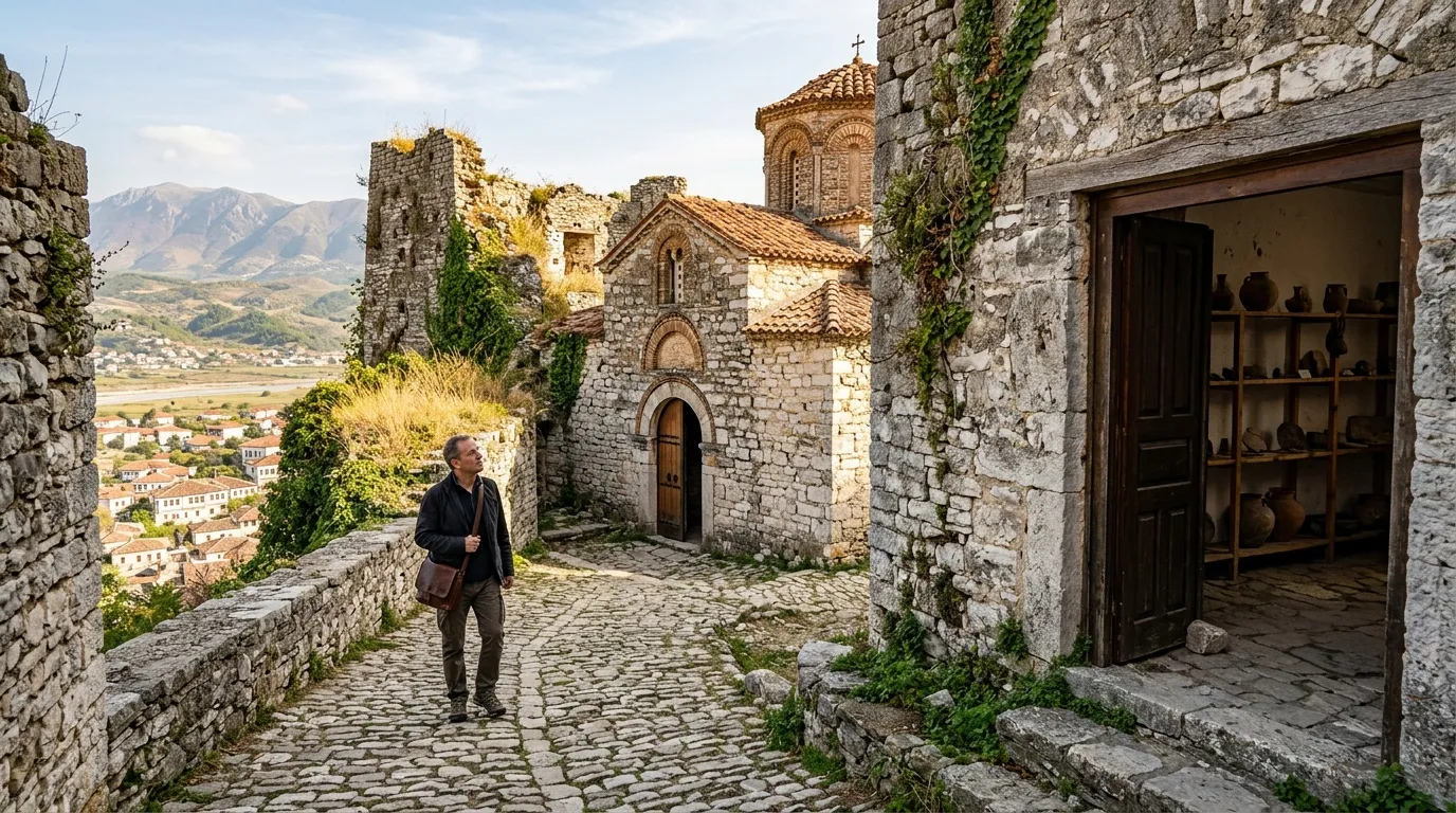Homme explore ancien monastère en pierre avec vue vallée