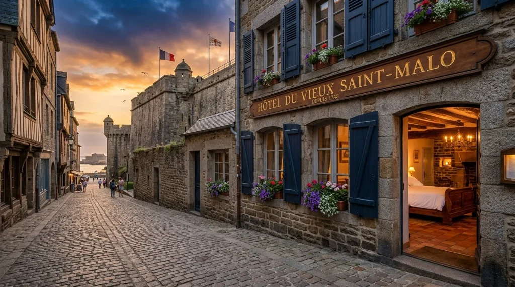 Rue pavée Saint-Malo avec hôtel historique au coucher soleil