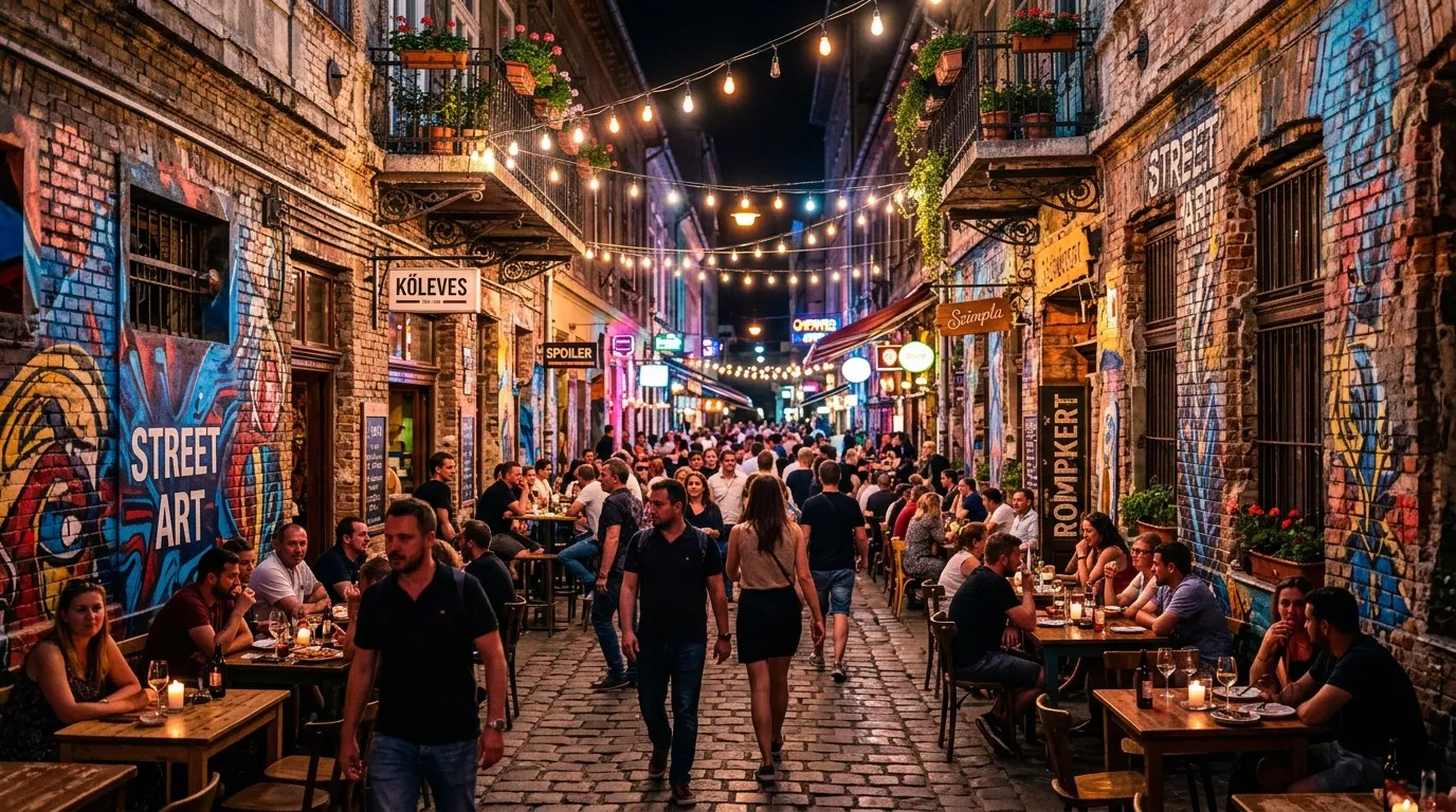 Rue pavée la nuit avec restaurants, terrasses et street art coloré