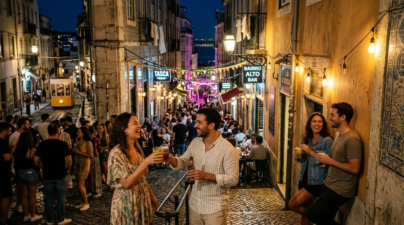 Jeunes gens savourant bières dans ruelle pavée illuminée Lisbonne