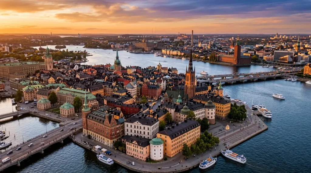 Vue aérienne de Stockholm avec îles, églises et bateaux au crépuscule