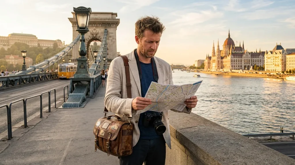 Homme avec appareil photo consulte carte près du Pont des Chaînes