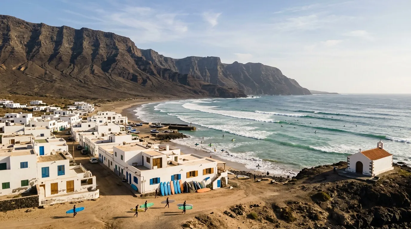 Village blanc méditerranéen au pied de falaises rocheuses avec surfeurs