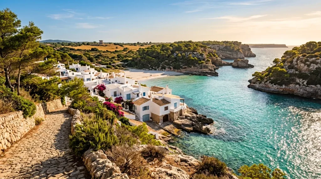 Maisons blanches sur falaise rocheuse, mer turquoise cristalline