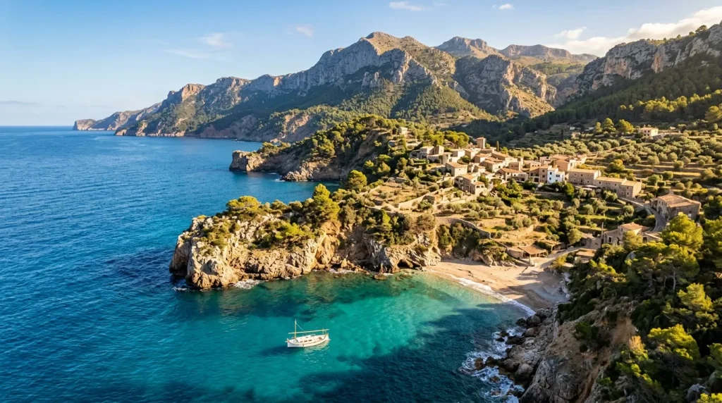 Village blanc surplombant une baie turquoise méditerranéenne