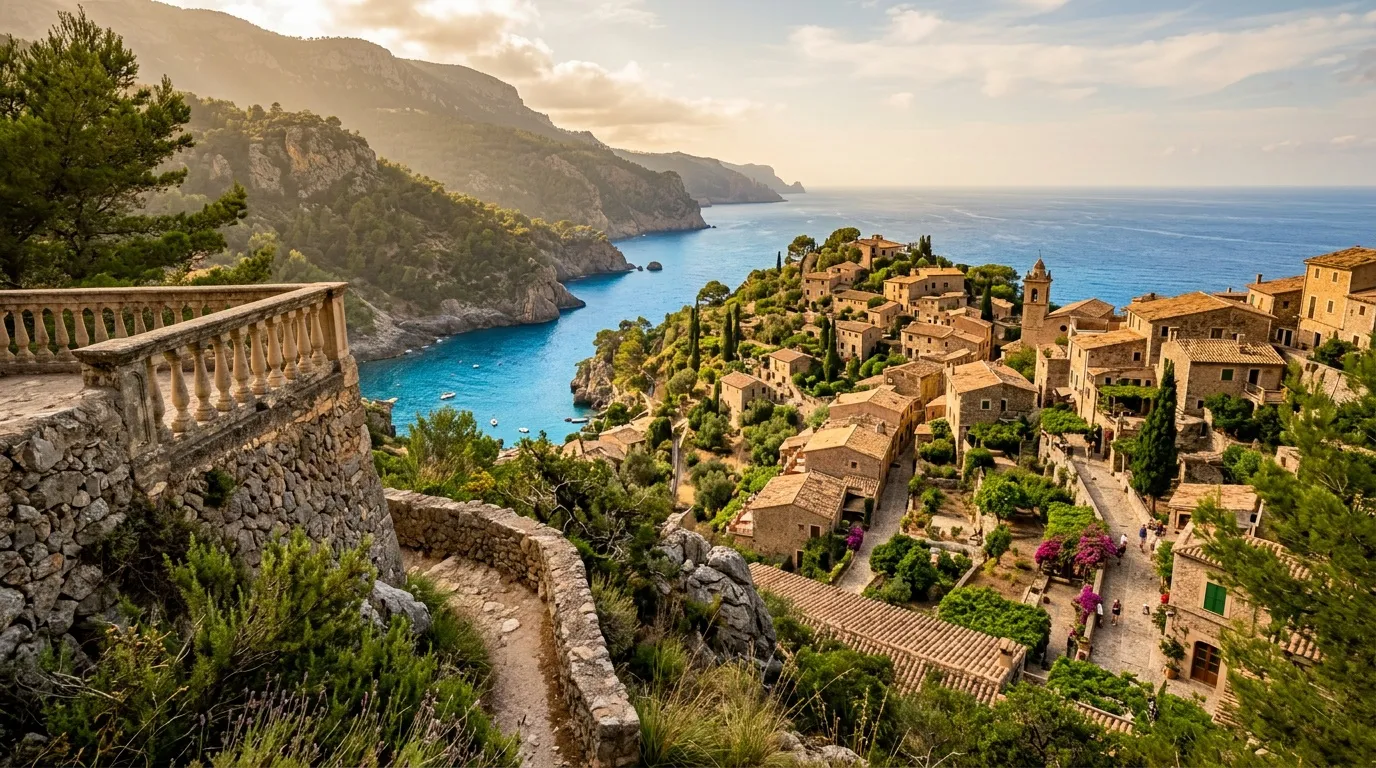 Village ancien sur falaise m&eacute;diterran&eacute;enne avec baie turquoise