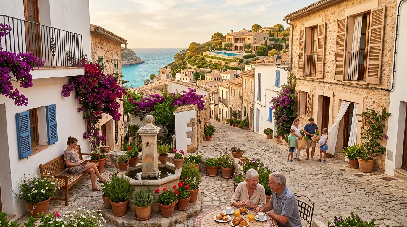 Rue pittoresque avec fleurs violettes, mer turquoise au loin