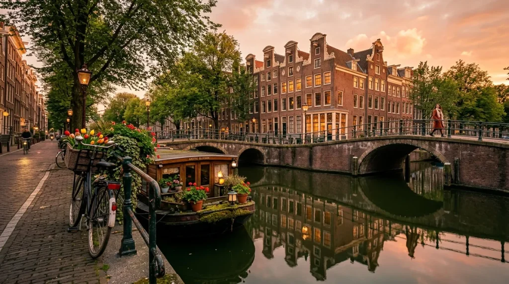 Canal d'Amsterdam avec vélo, pont, maisons et reflets dorés