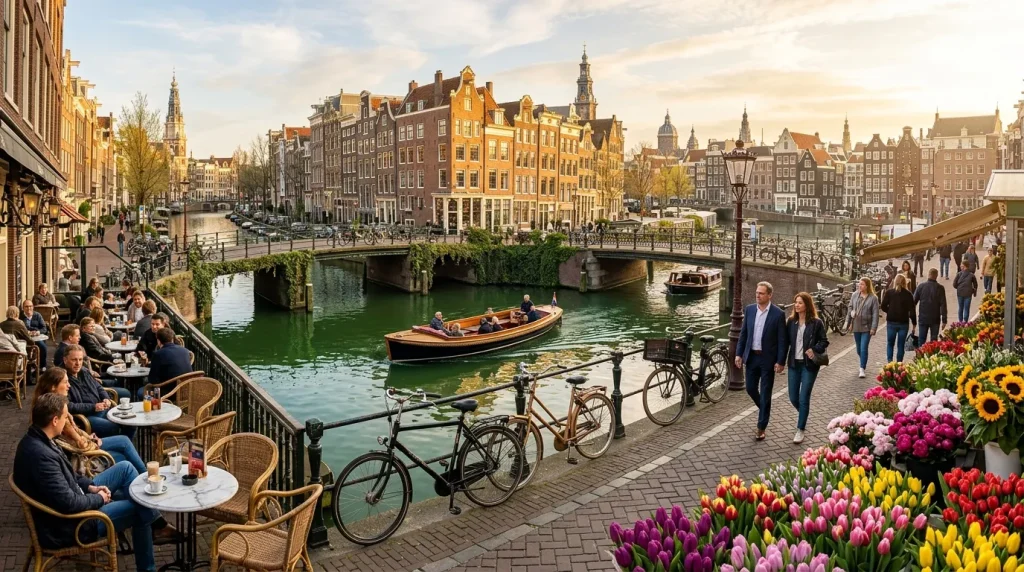 Canal d'Amsterdam avec bicyclettes, terrasse et maisons colorées