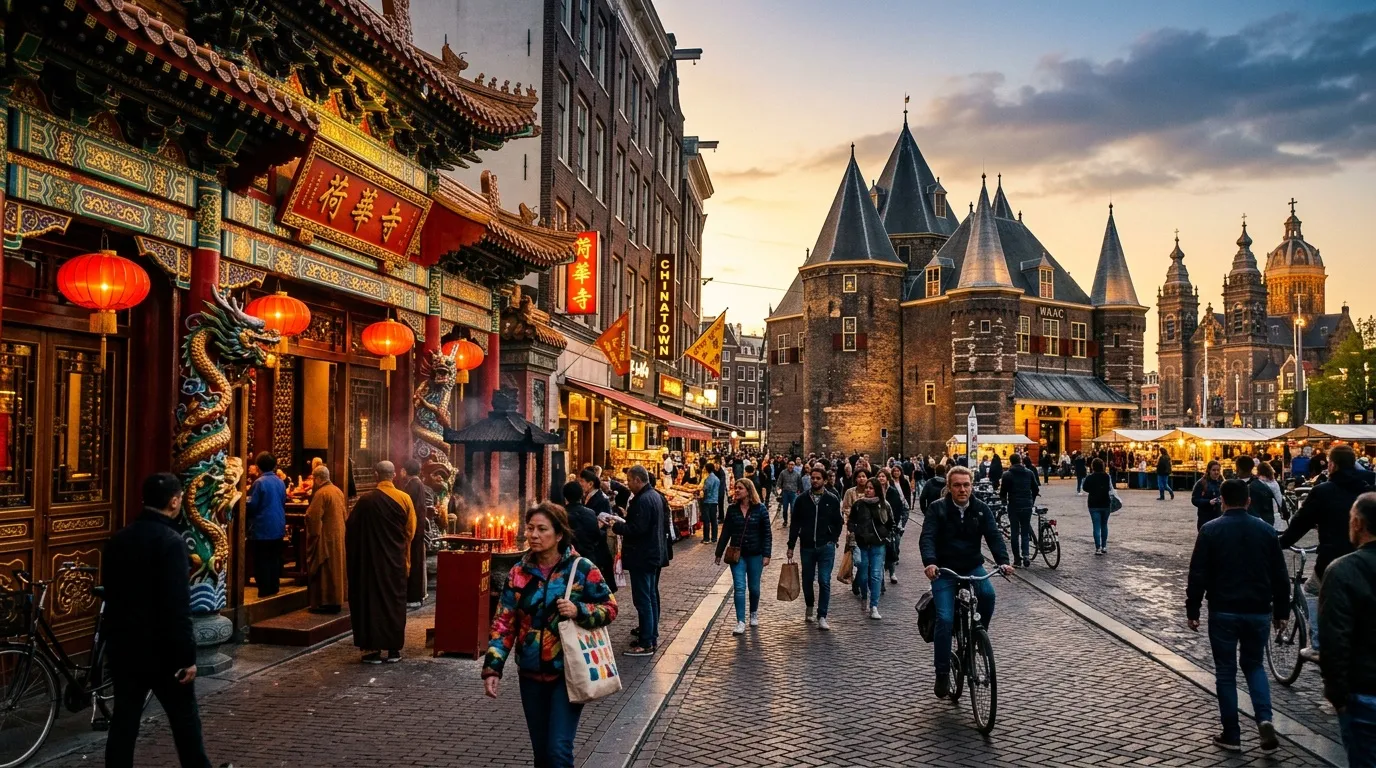 Quartier chinois d'Amsterdam avec château médiéval en arrière-plan
