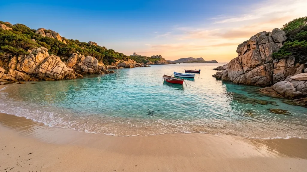 Plage turquoise entourée de rochers avec bateaux amarrés