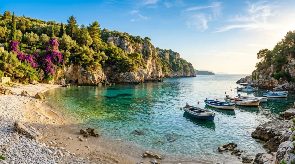 Plage turquoise avec bateaux bleus et falaises rocheuses