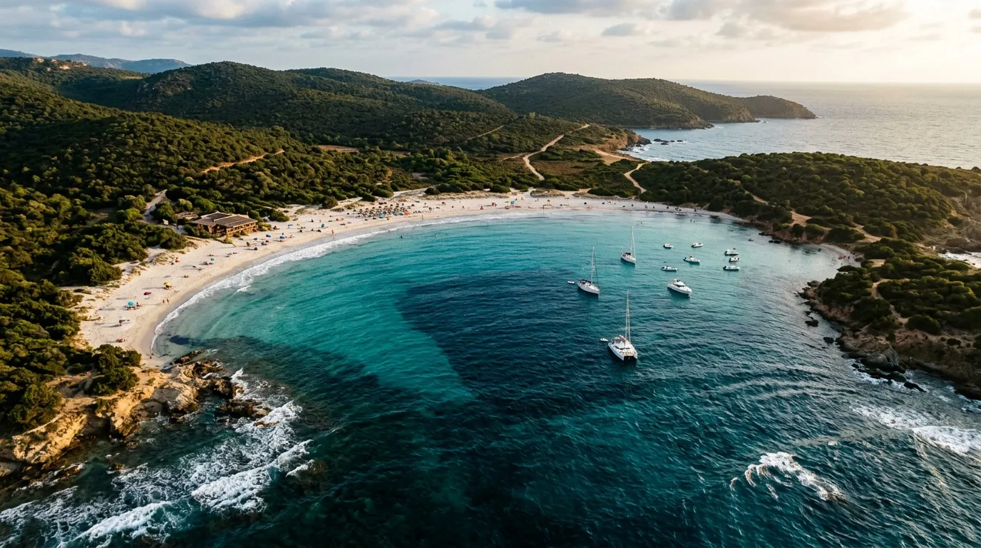 Plage turquoise entourée de falaises boisées et voiliers