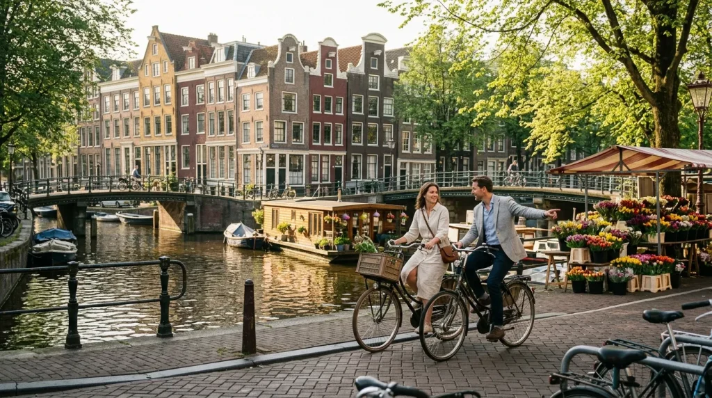 Couple à vélo sur un canal d'Amsterdam avec maisons colorées