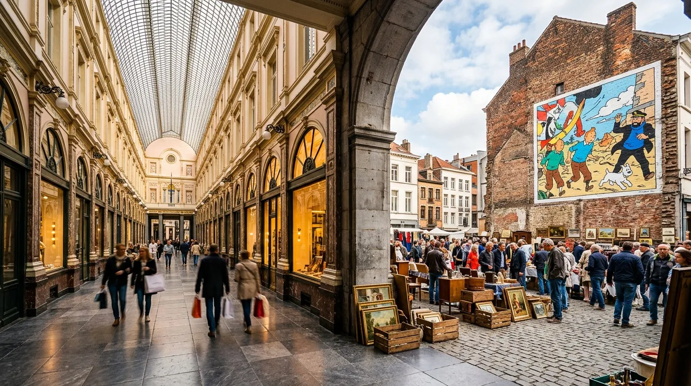 Galerie marchande couverte et place avec march&eacute; aux puces