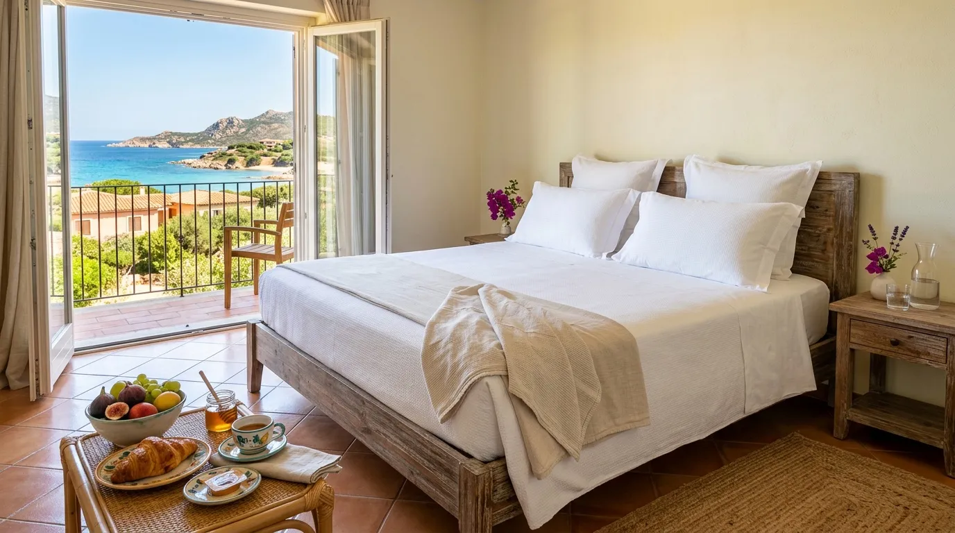 Chambre d'h&ocirc;tel c&ocirc;ti&egrave;re avec lit blanc, balcon et vue sur baie turquoise